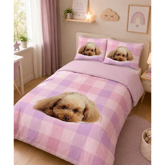 Parure Copripiumino Cagnolino 45 Rosa in Cotone 100% Made in Italy, Stampa Digitale HD