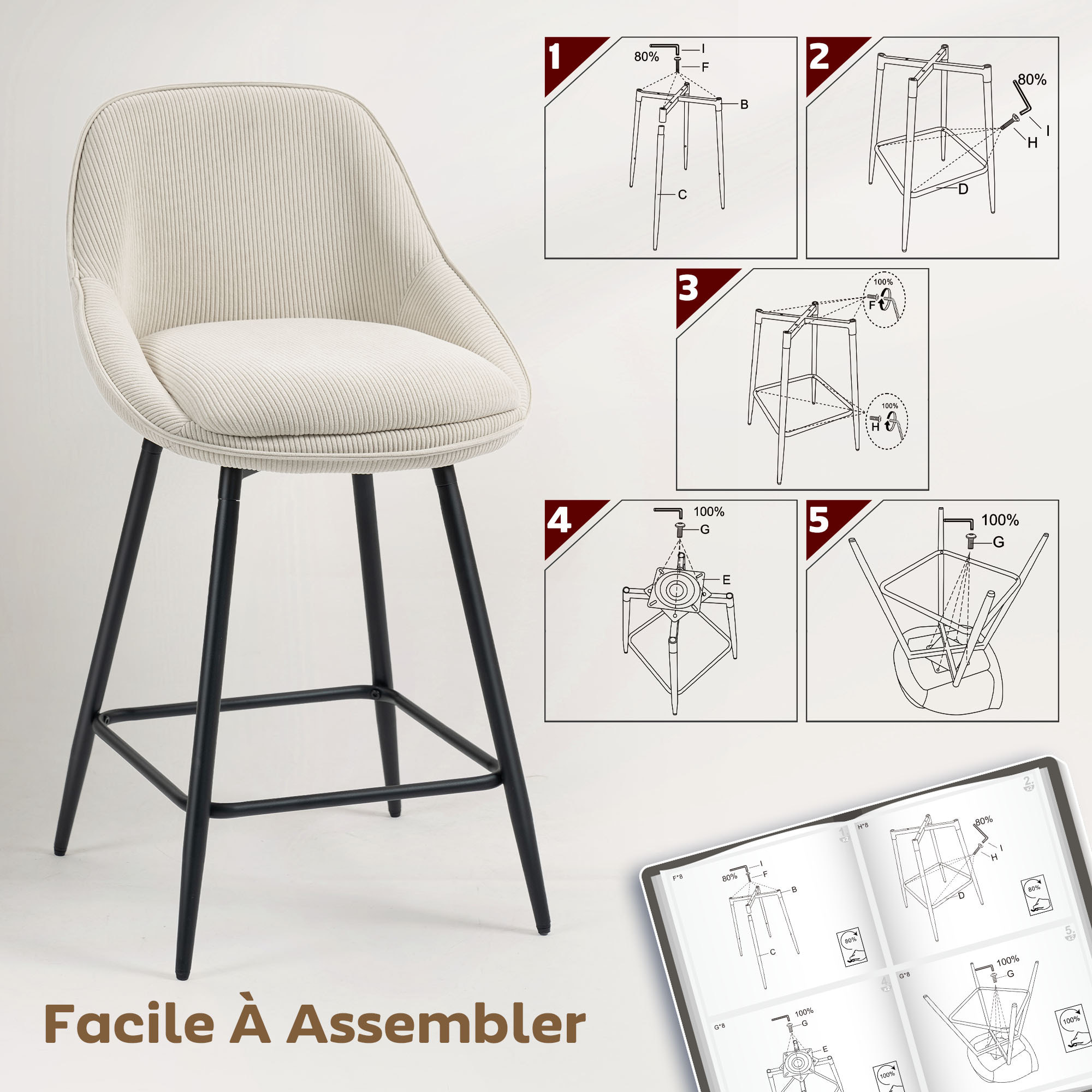 Lot de 2 chaises de bar design velours côtelé assise H.65cm pivotante 360°cm acier noir beige