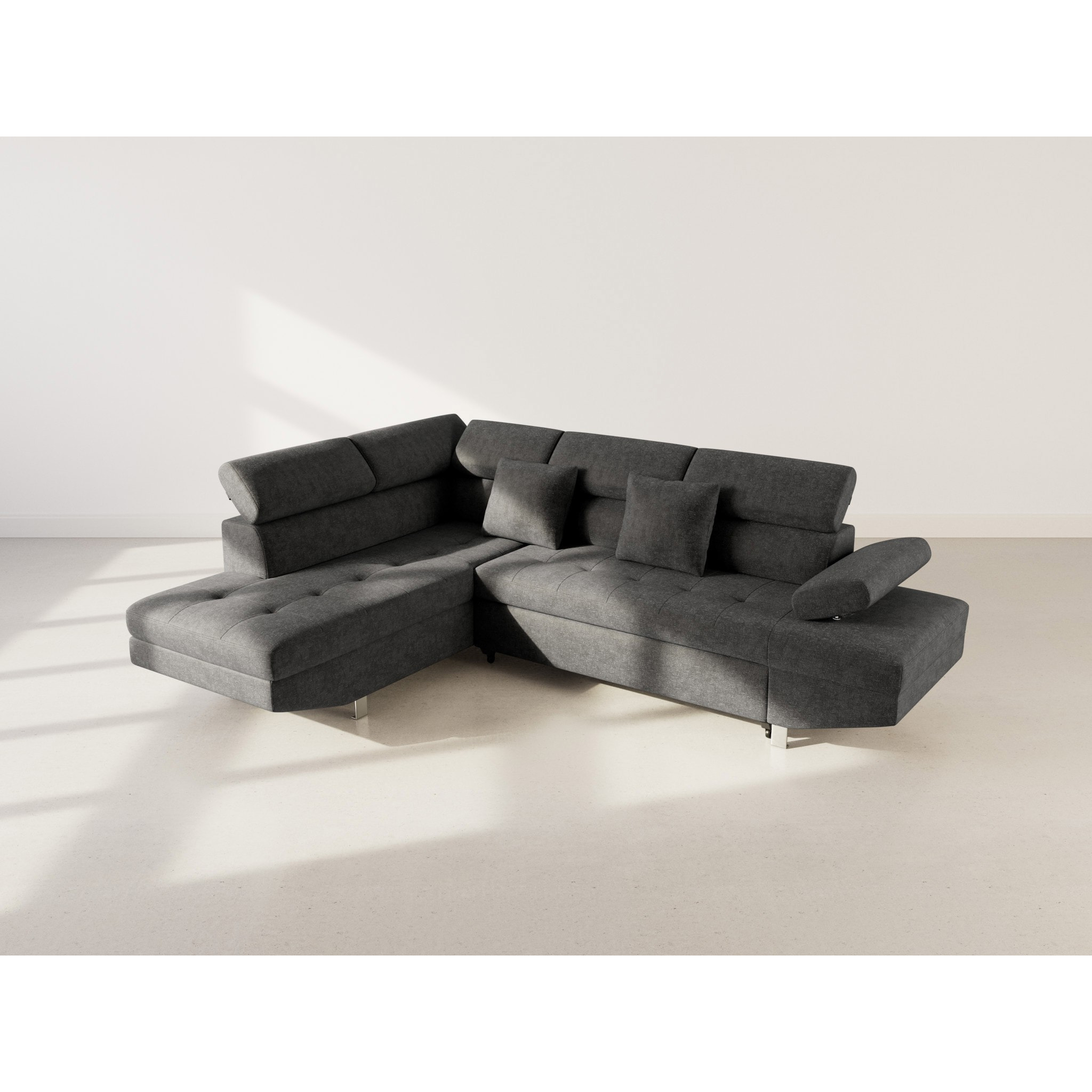 Margaux - Canapé d'angle gauche 5 places convertible avec coffre et têtières réglables en velours texturé - Noir