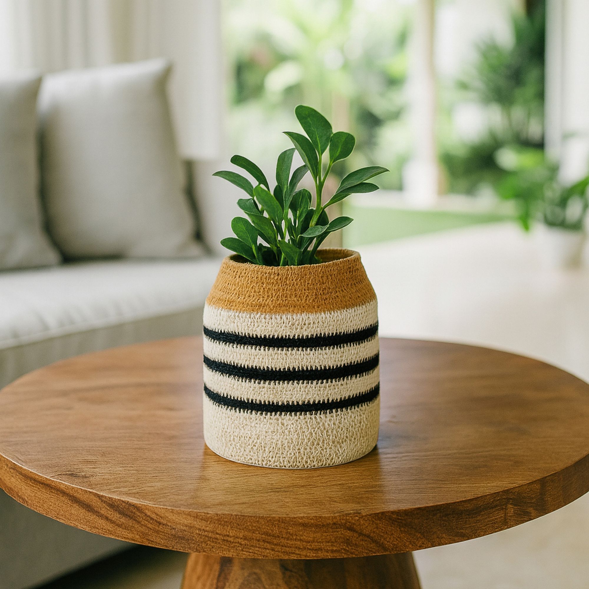 Panier en jonc de mer naturel, safran et noir KASBA