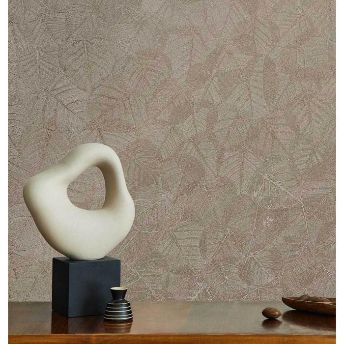 Papier peint feuillage texturé taupe chaud