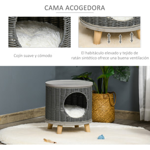 Cueva para Gatos de Ratán Cesta para Gatos Rolliza con Cojín Lavable Plataforma y Patas de Madera de Pino Extraíble Ø36x40,5 cm Gris