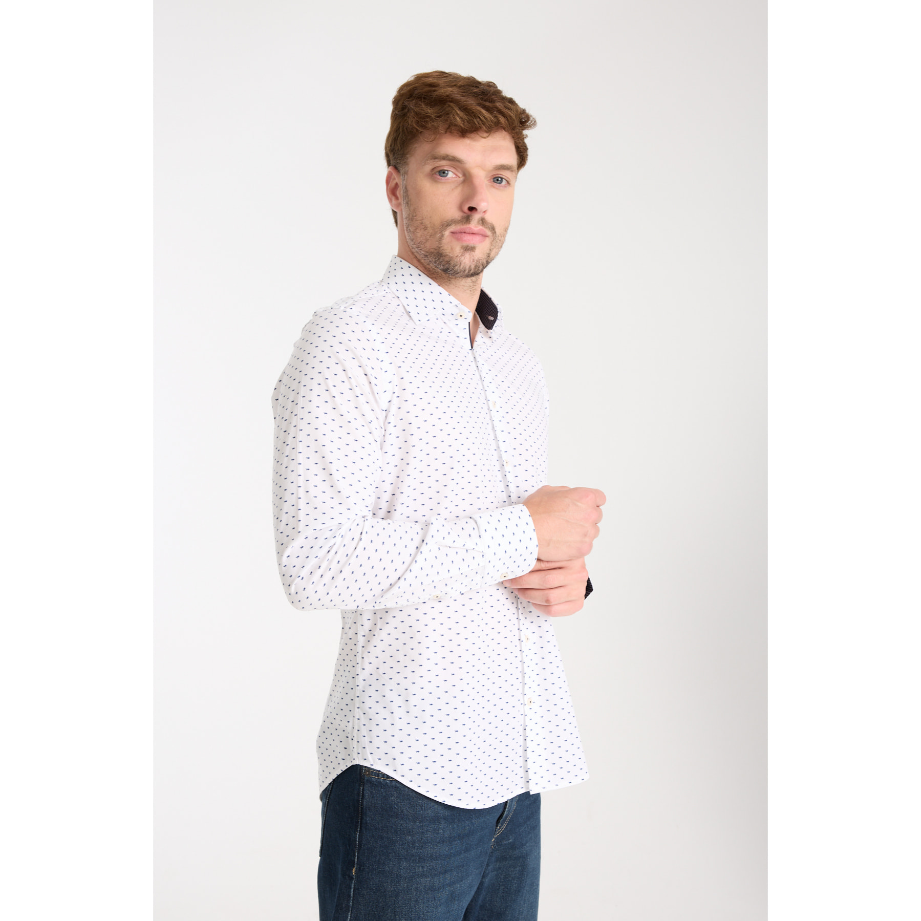 Camicia Uomo 1 Bottone Francese Slim Popeline Stretch Stampato Bianco e Blu