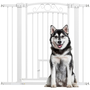 Barrera para Perros Puerta para Perros con Ancho Ajustable 76-104 cm Barrera de Seguridad para Perros con 2 Extensiones Doble Bloqueo y Puerta Pequeña para Escaleras y Puertas Blanco