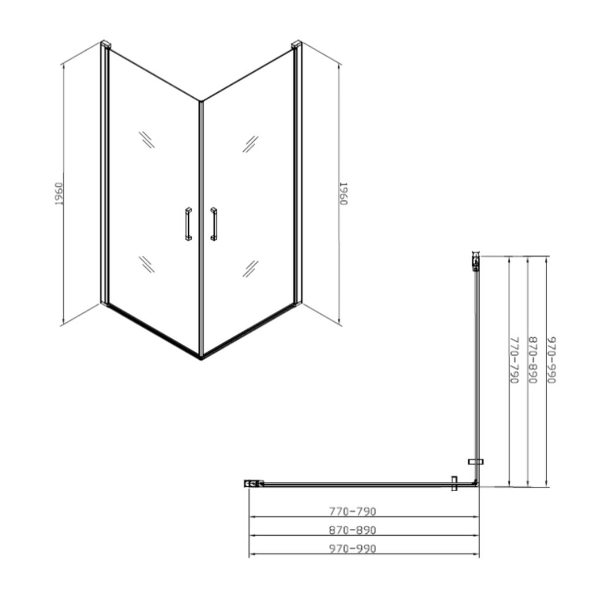 Fusion Portes de douche acces en angle pivotantes 80x80cm anticalcaire avec profilés noir mat (SATFUD8080C-SET)