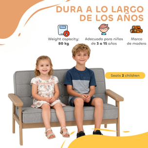 Sofá para Niños de 2 Plazas, Sillón Infantil de Felpa Suave con Estructura de Madera, Asiento y Respaldo Acolchados, Reposabrazos, para Niños de +3 Años, para Dormitorio, Sala de Juego, Gris