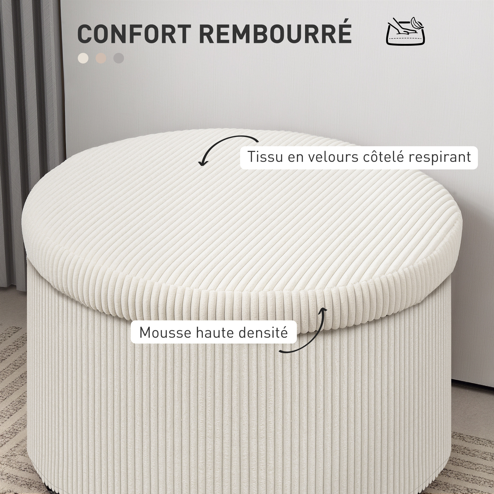 Pouf coffre velours côtelé 2 en 1 design rond dia. 60 cm beige