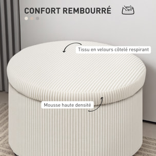 Pouf coffre velours côtelé 2 en 1 design rond dia. 60 cm beige