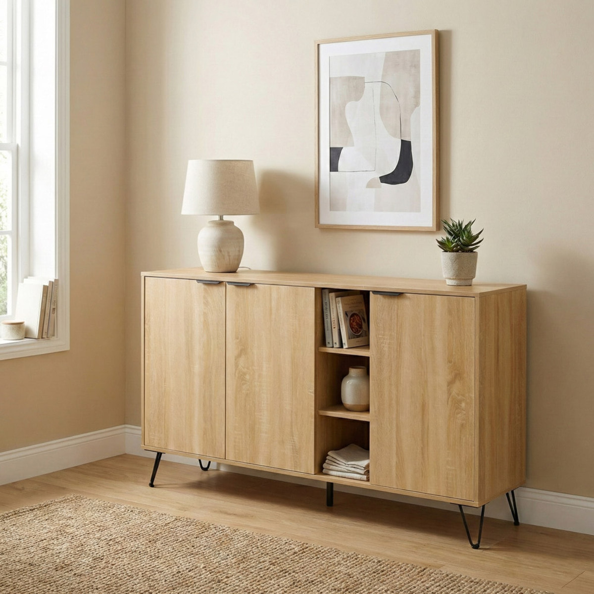 Credenza moderna 3 ante in legno rovere naturale 142x35