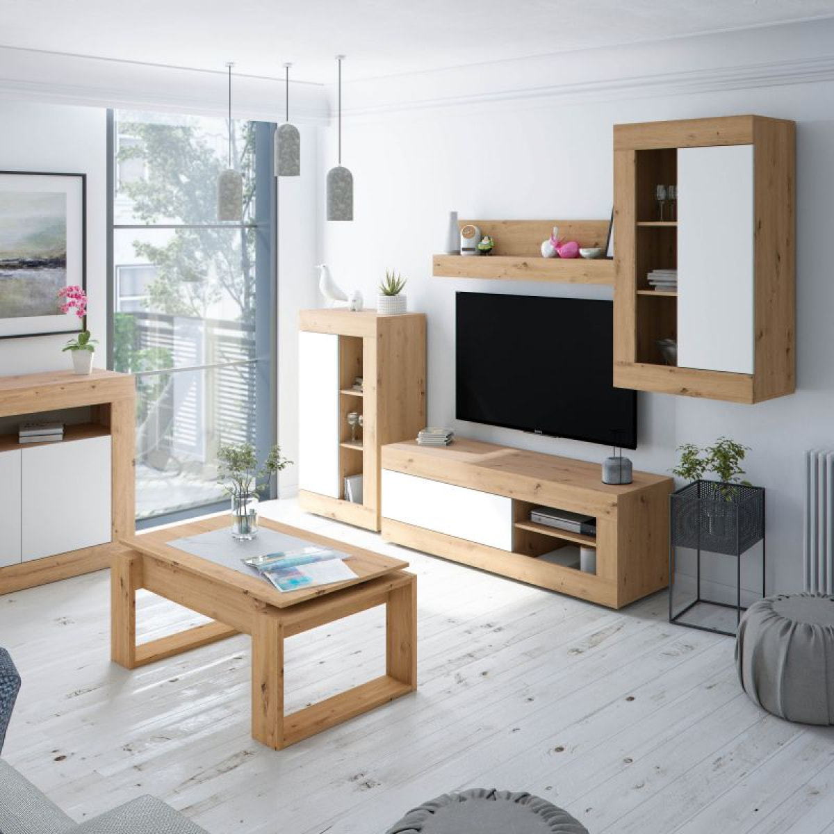 Mueble TV Baltik Blanco Artik (Blanco Mate) - Roble Nodi