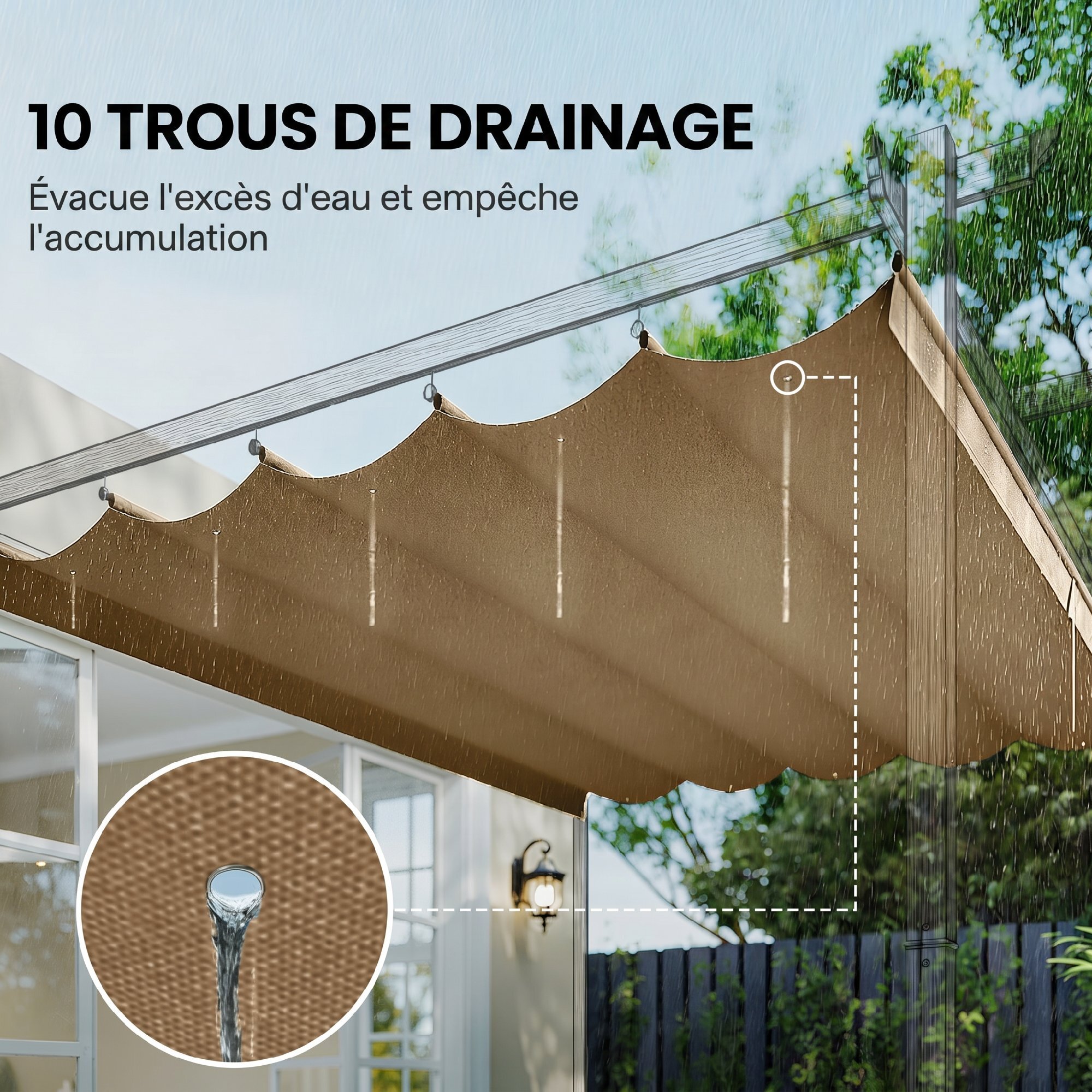 Toile de rechange pour pergola rétractable 3 x 3 m polyester haute densité 180 g/m² imperméabilisé café glacé