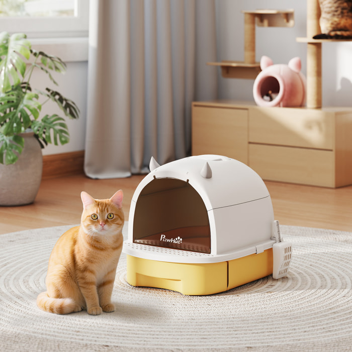 Maison de toilette chat design - porte fumée, pelle, 2 sacs désodorisation, tiroir litière coulissant, poignée - blanc jaune