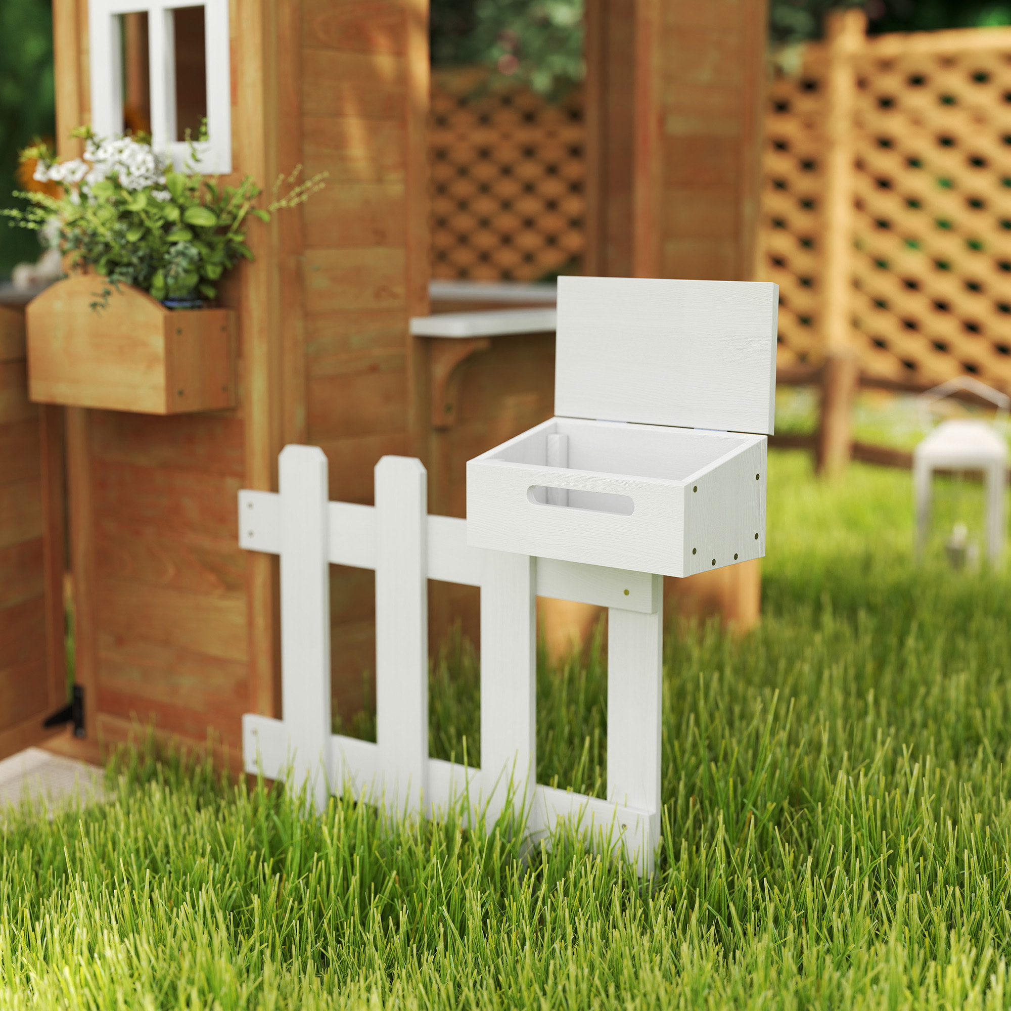 Casita Infantil Exterior de Madera Casita Infantil de Jardín con Buzón Ventanas Jardinera Mostrador y Banco Casa de Juegos para Niños a Partir de 3 Años Natural