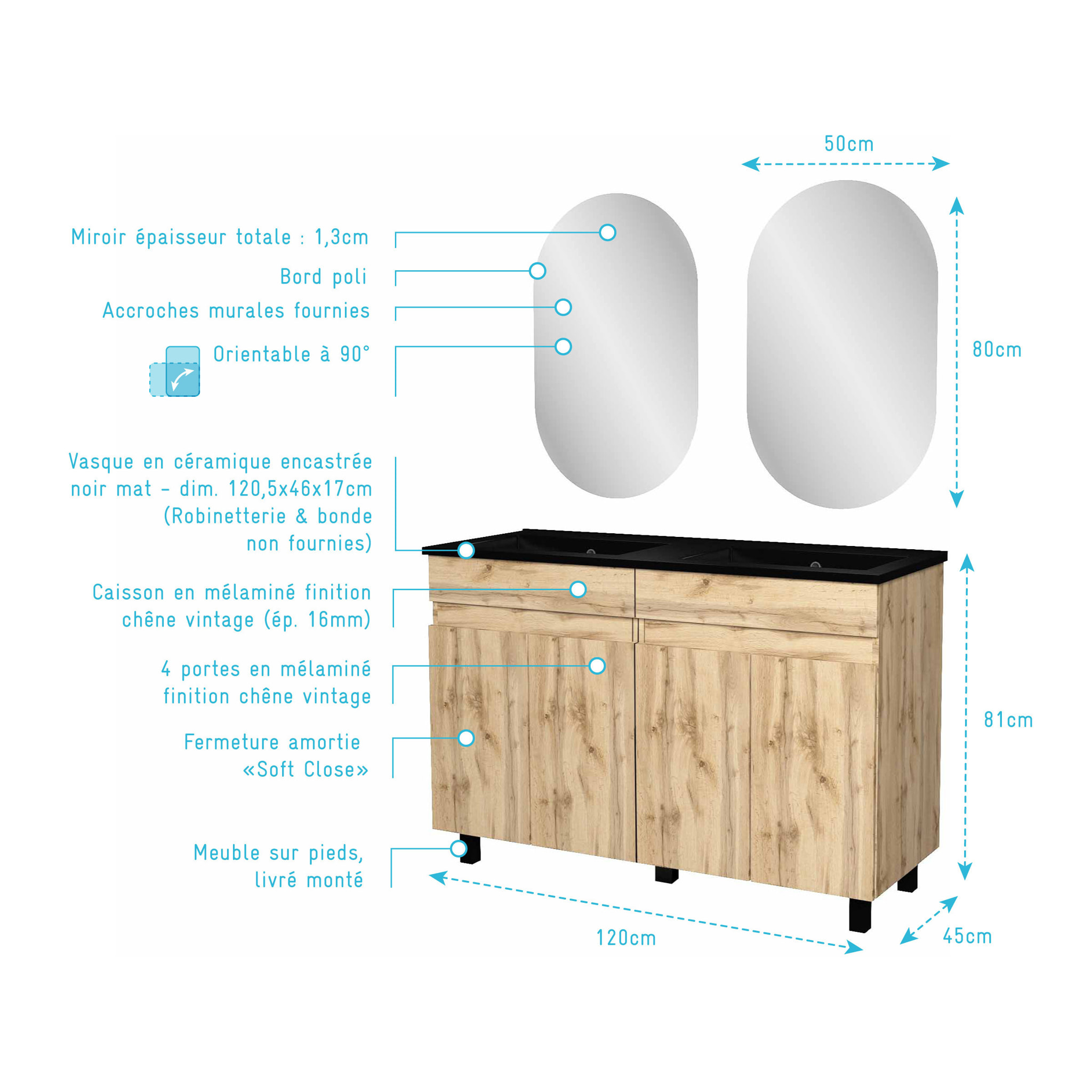 Meuble Salle de Bains 120cm 4 Portes Chêne Naturel + Vasque Noire et Miroirs Ovales