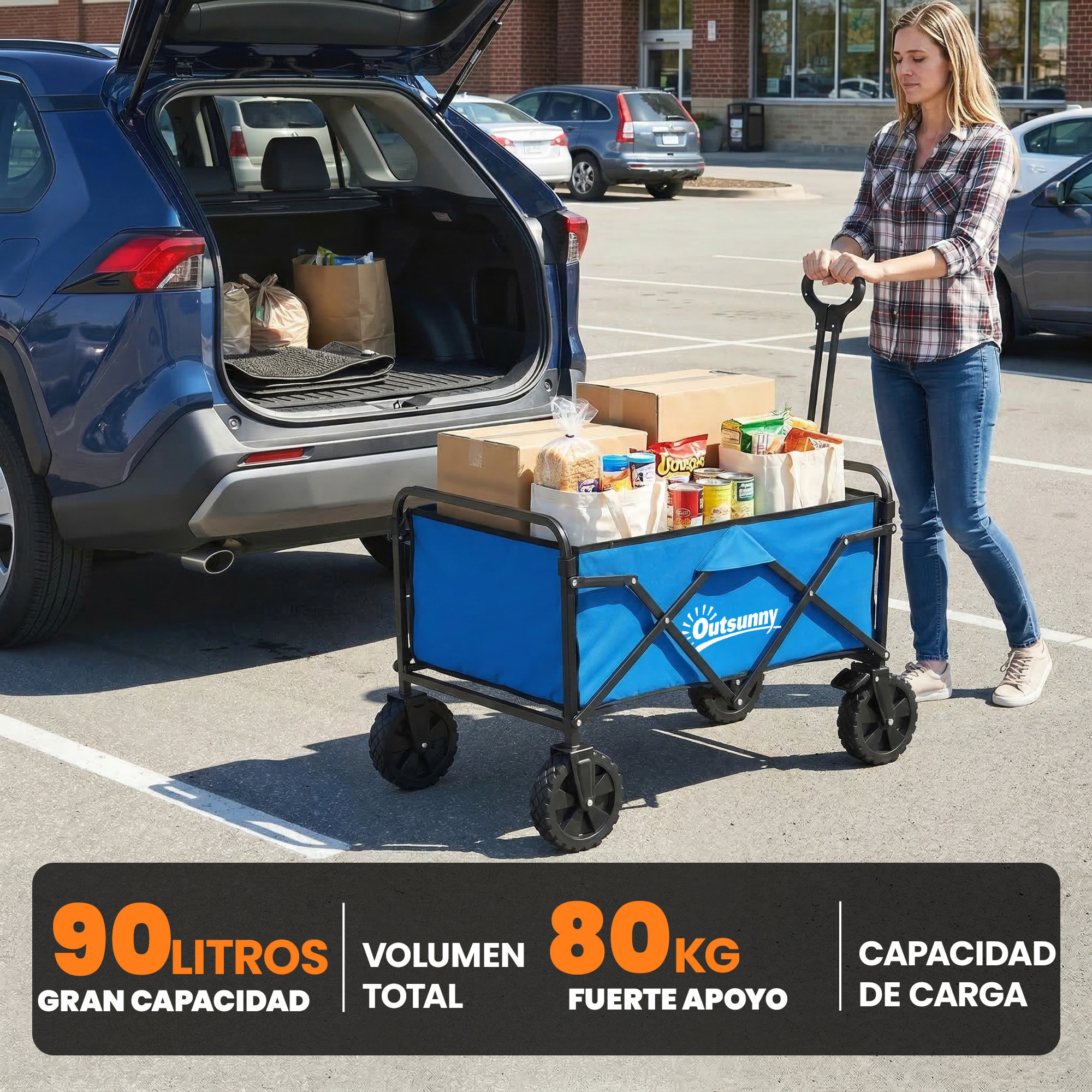 Carro Playa con Ruedas Grandes Bloqueables, Carro de Jardín Plegable con Mango Ajustable, Portavasos y Marco de Metal, Carga 80 kg, Carrito Transporte para Jardín, Campaña, Compras, Azul