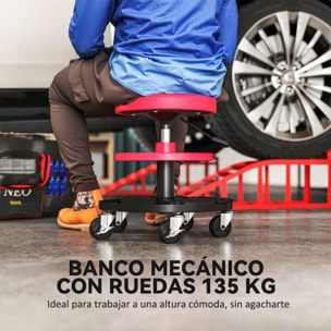 Taburete de Taller Giratorio con Ruedas Altura Ajustable de 40-51 cm Asiento Taburete para Mecánico con 2 Bandejas para Herramientas Carga 135 kg para Garaje Reparación de Automóviles Rojo