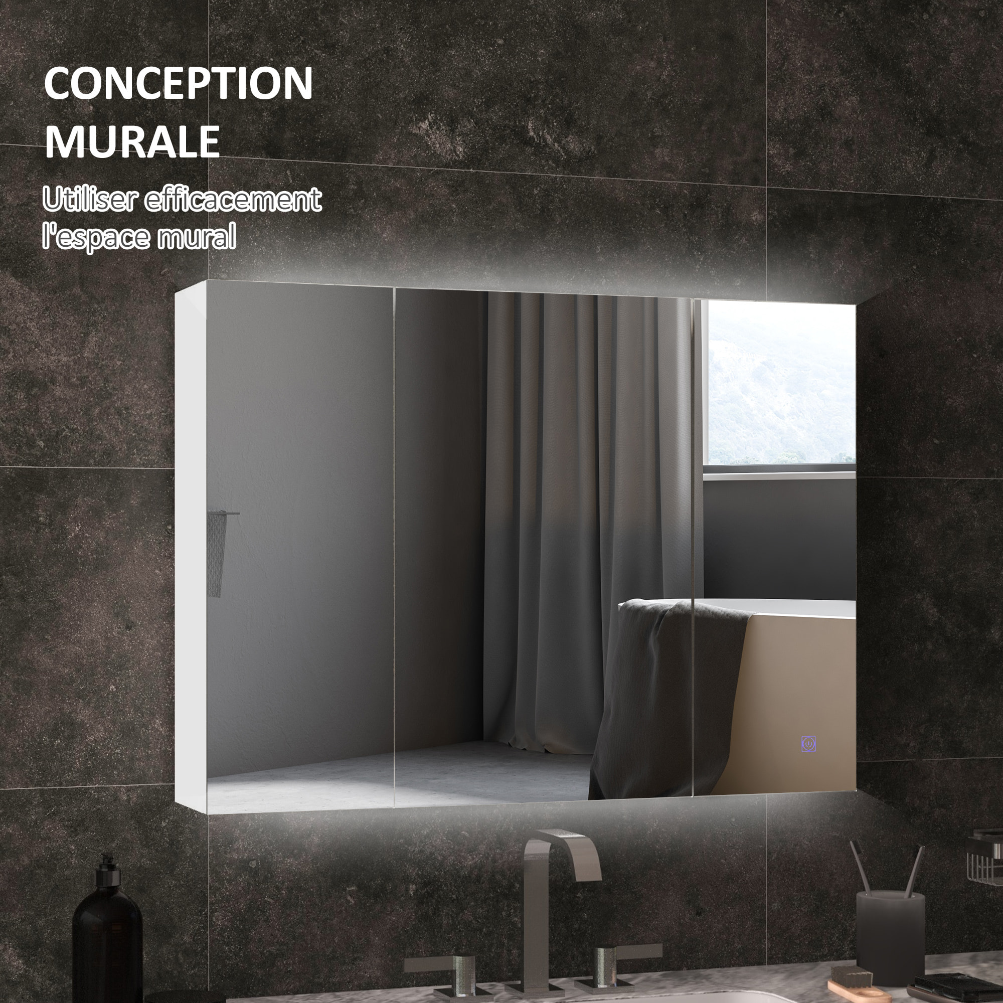 Armoire miroir LED de salle de bain - 3 portes, 3 étagères - tactile, lumière réglable - MDF blanc laqué verre