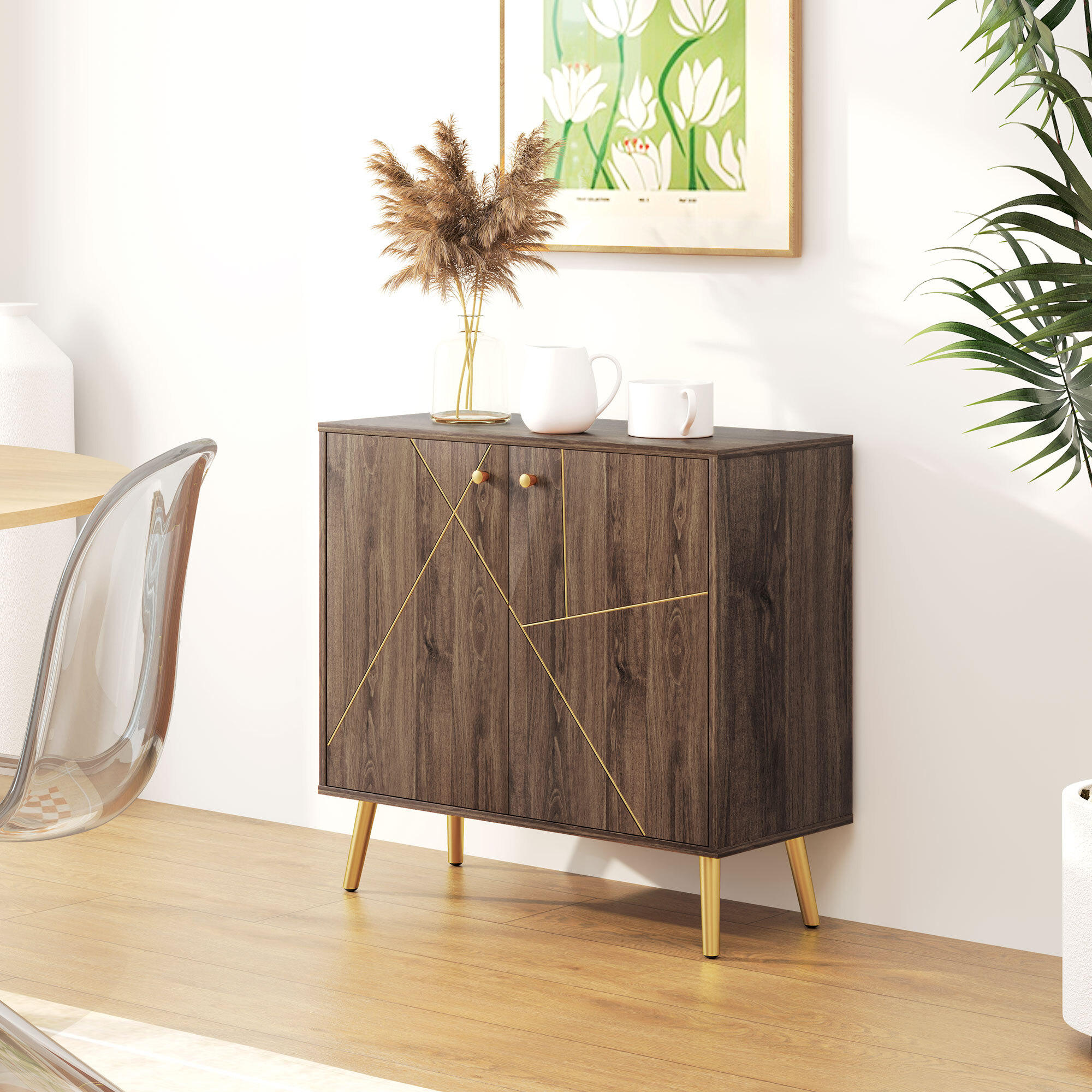 Buffet design - 2 portes, étagère - dim. 80 x 37 x 77 cm - doré effet bois