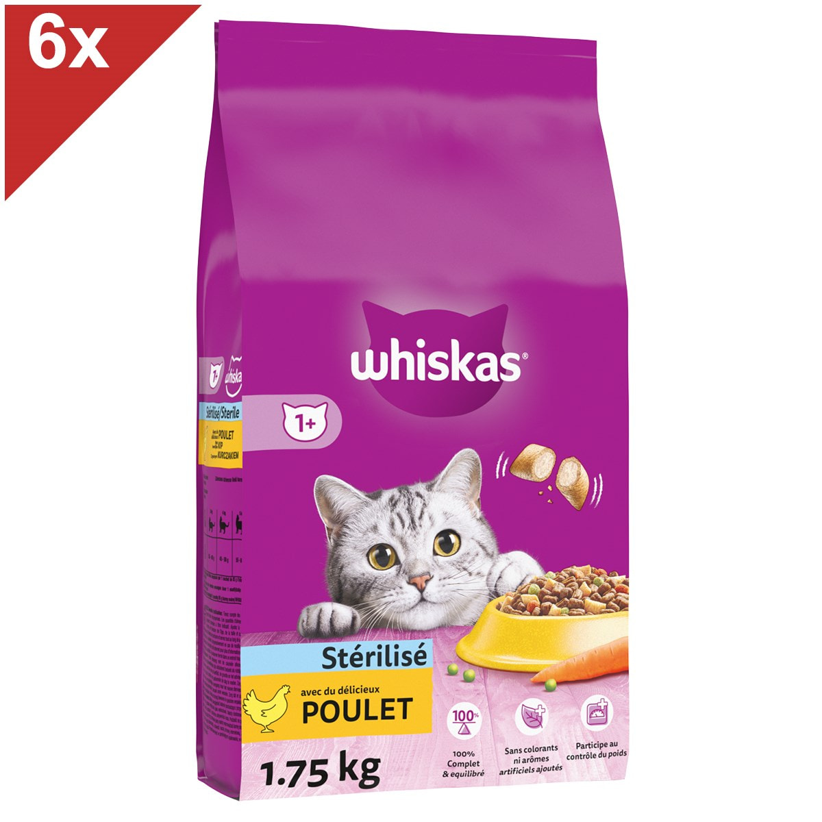 WHISKAS Croquettes au poulet pour chat adulte stérilisé 6x1,75kg