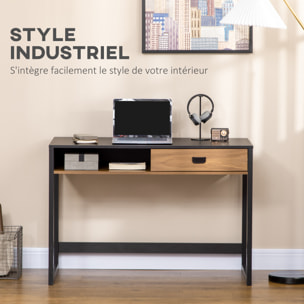 Bureau style industriel casier tiroir coulissant panneaux MDF noir aspect noyer