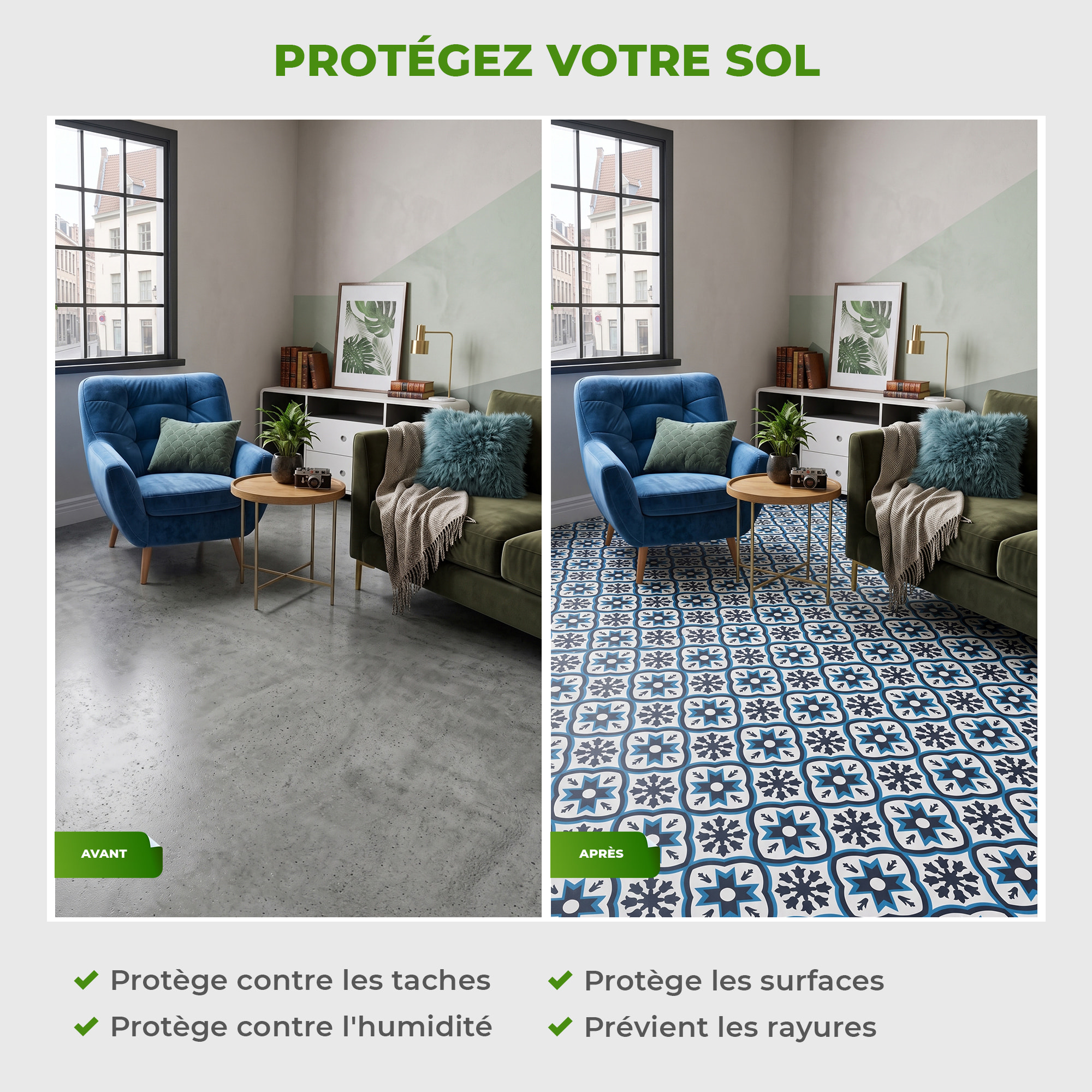 Sticker Sol avec laminat de Protection en Plastique Anti-dérapant | Stickers adhésif Sol - CARRELAGES SOL ODILLA - 1 sticker