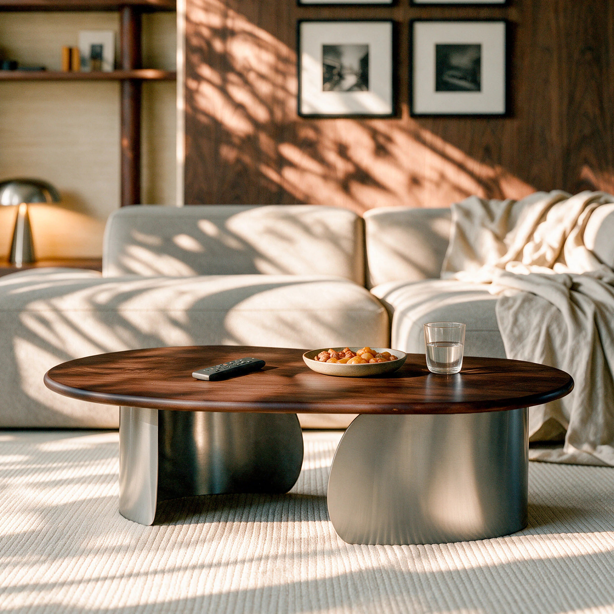 Table basse en bois de manguier marron foncé et métal brossé 120 cm - Selma