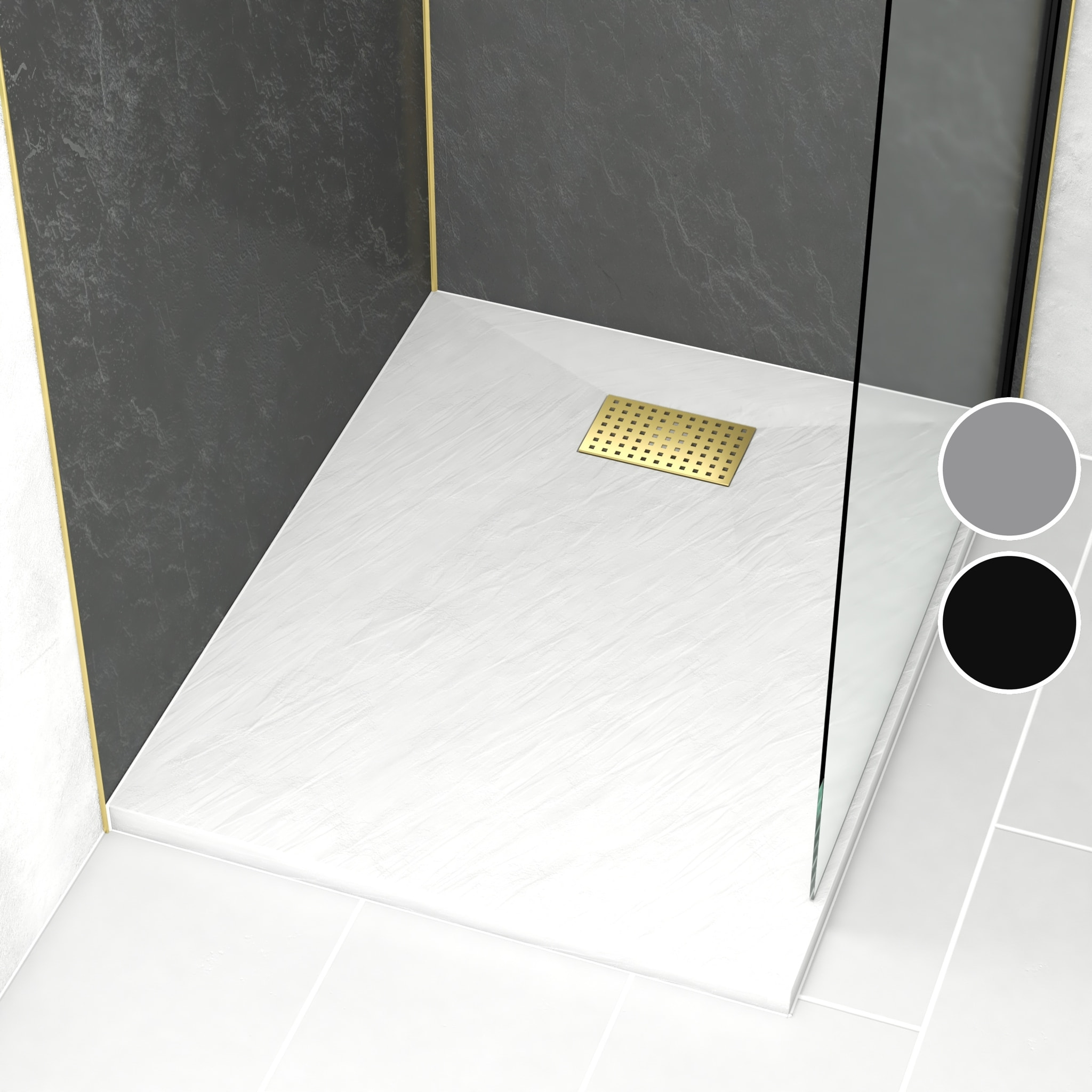 Receveur de douche Blanc Effet Pierre 80x100 cm et Grille décor Perforée Or Doré Brossé
