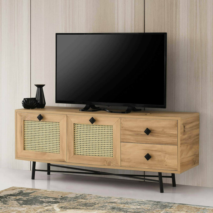 Mobile porta TV Dmarchin, Credenza da soggiorno, Armadio basso per TV, Base parete attrezzata, 140x40h60 cm, Quercia e Nero