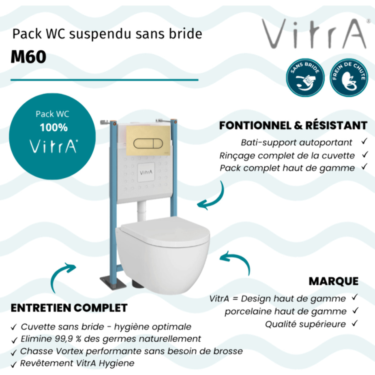 Pack WC suspendu sans bride M60 VortexFlush Round + abattant frein de chute + Bâti support autoportant + Plaque Or brossé