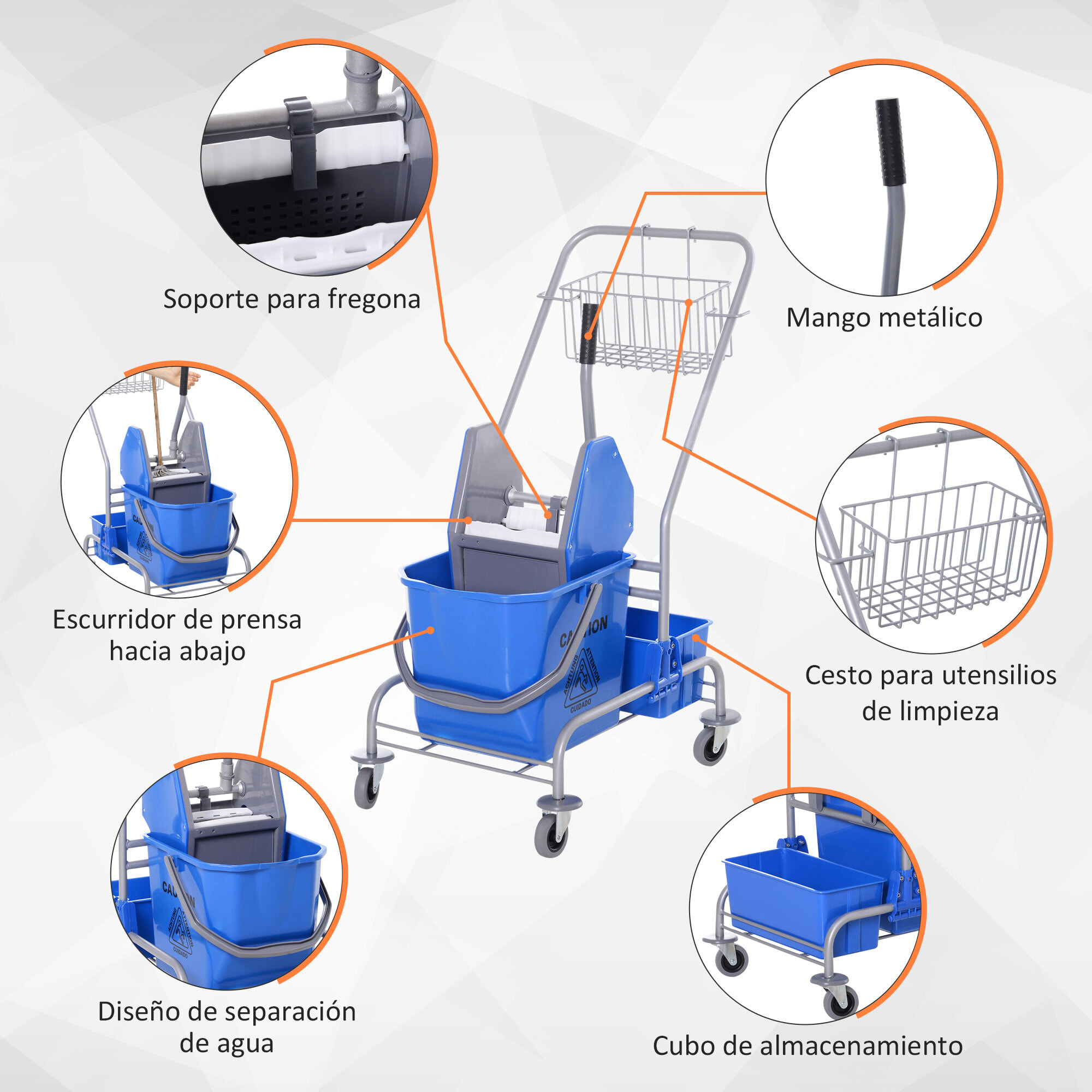 Carro de Limpieza Profesional Cubo de Fregado con Ruedas Cubo Extraíble de 25 Litros Escurridor de Prensa Cesta y Cubeta 72x49,5x95 cm Azul