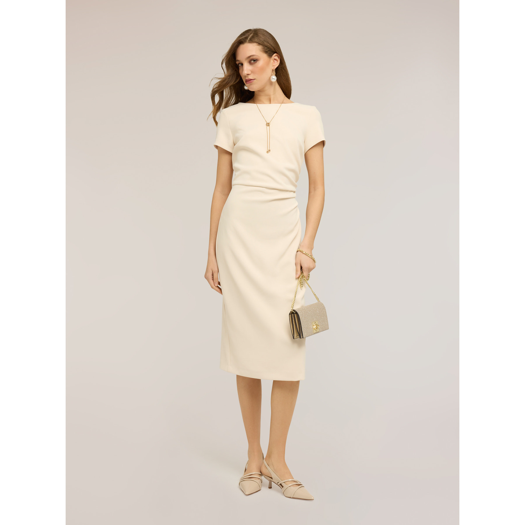 Motivi - Vestido tubo de crepé con drapeado - Beige
