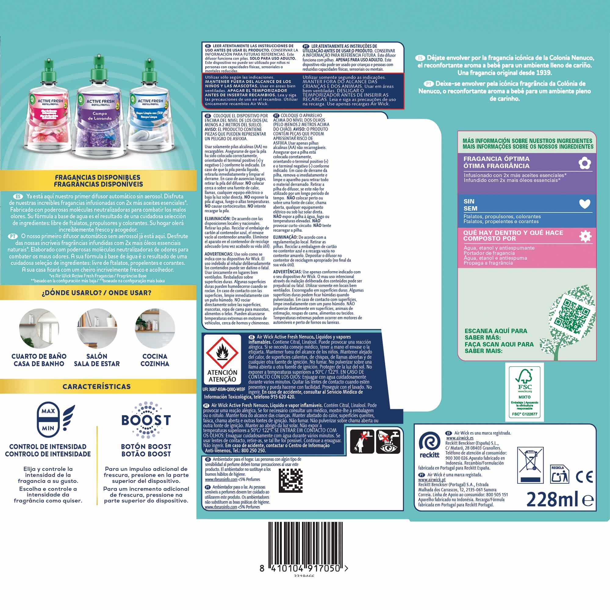 Air Wick Active Fresh Spray Automatico Sin Aerosol - Ambientador para casa con aroma a Nenuco - Aparato y recambio