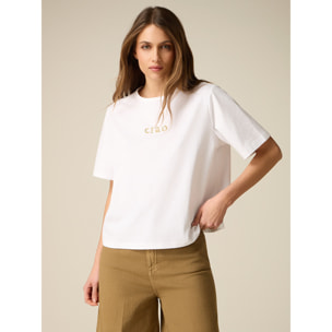 Oltre - T-shirt boxy in cotone con ricamo gioiello - Bianco