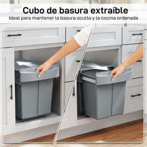Cubo de Basura bajo Fregadero, Cubo de Basura Cocina, 2 Contenedores de Reciclaje Extraíble, 2 x 20 L, Deslizamiento Suave, Asa, Tapa con Patrón de Diamante, Gris
