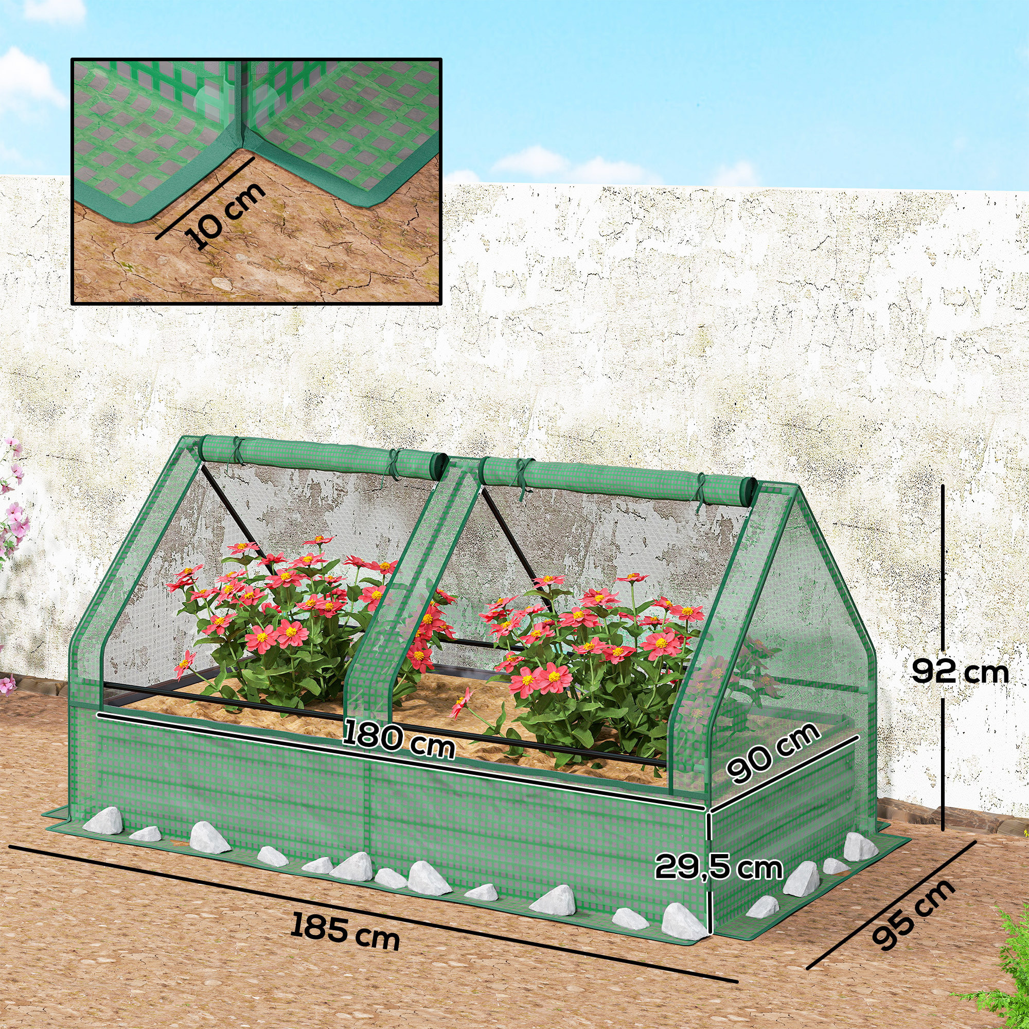 Jardinera Exterior Grande con Mini Invernadero, Huerto Urbano de Acero Galvanizado con Base Abierta, Resistente a la Intemperie, para Patio, Terraza, Balcón, 185x95x92 cm, Gris y Verde