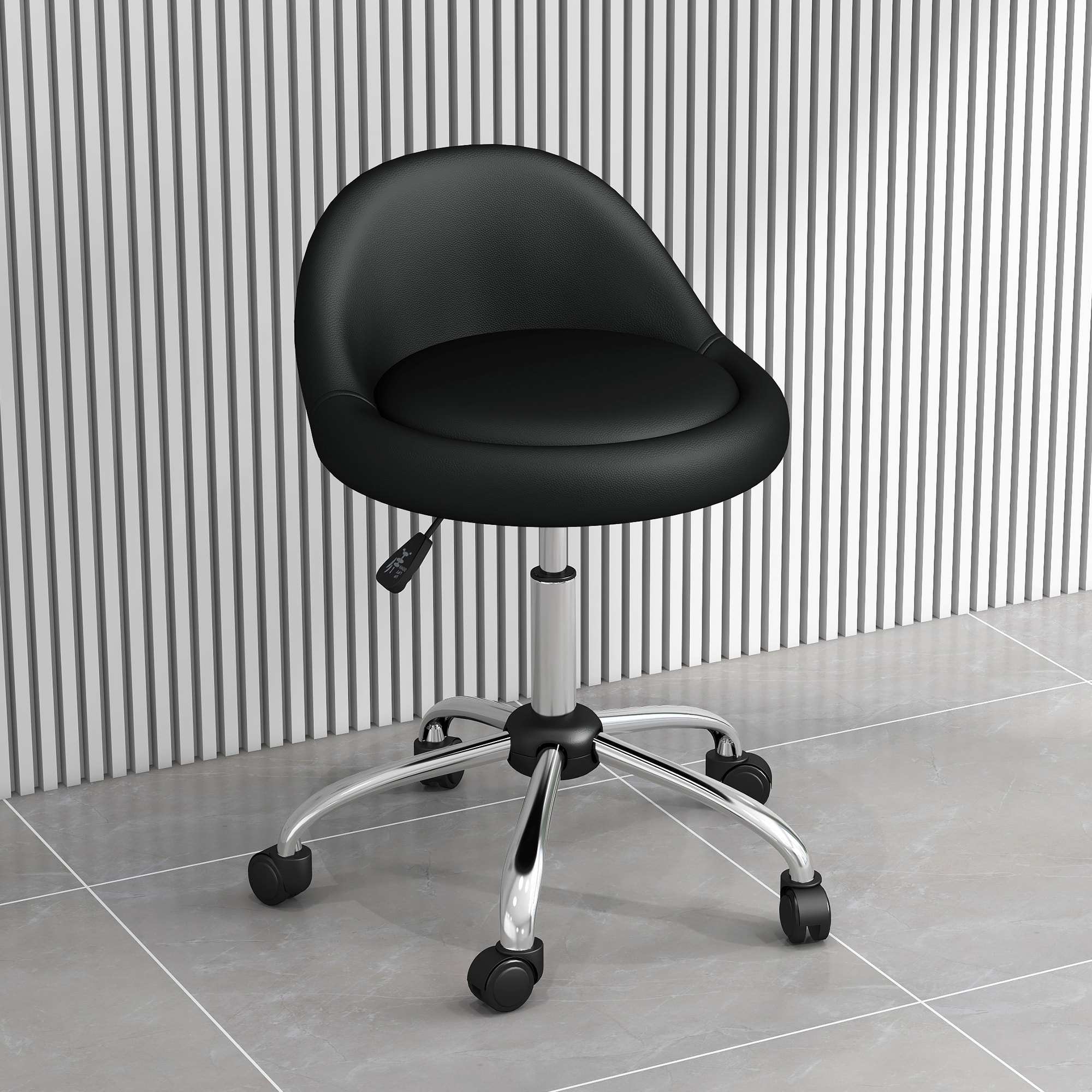 Taburete con Ruedas, Taburete Giratorio Cosmético con Altura Ajustable, Cuero Sintético, Asiento Acolchado y Amplio, para Dentista y Peluquería, Carga 120 kg, Ø50x63-83 cm, Negro