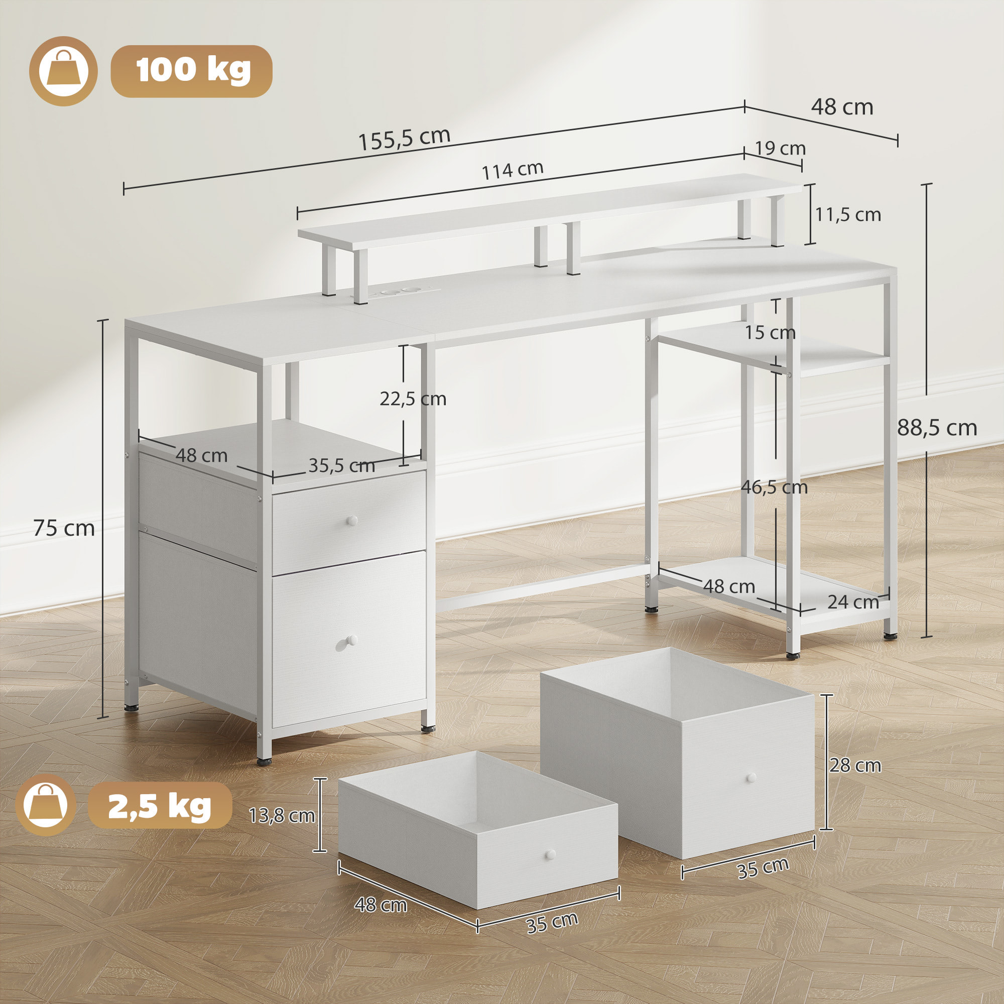 Mesa de Escritorio Mesa de Ordenador con Luces LED Estantes Cajones Tomas de Corriente Puertos USB y Soporte para Monitor para Oficina Estudio 155,5x48x88,5 cm Blanco