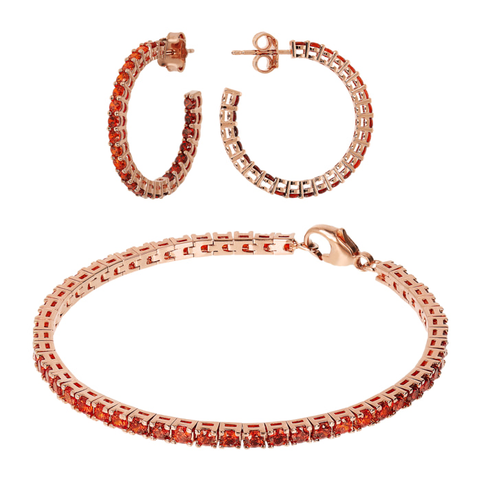 Set Orecchini a Cerchio Grandi e Bracciale Tennis con Cubic Zirconia Rosse Effetto Dégradé