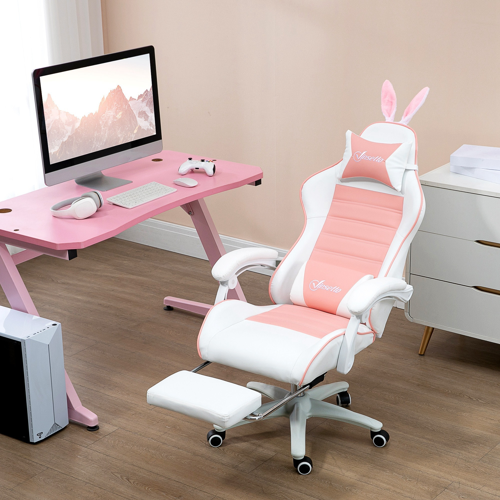 Chaise gaming fauteuil gamer inclinable réglable repose-pied rétractable oreilles de lapin amovibles rose blanc