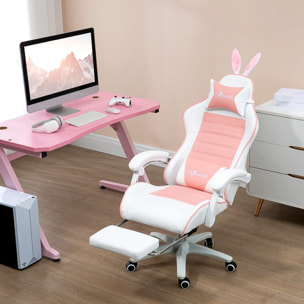 Chaise gaming fauteuil gamer inclinable réglable repose-pied rétractable oreilles de lapin amovibles rose blanc