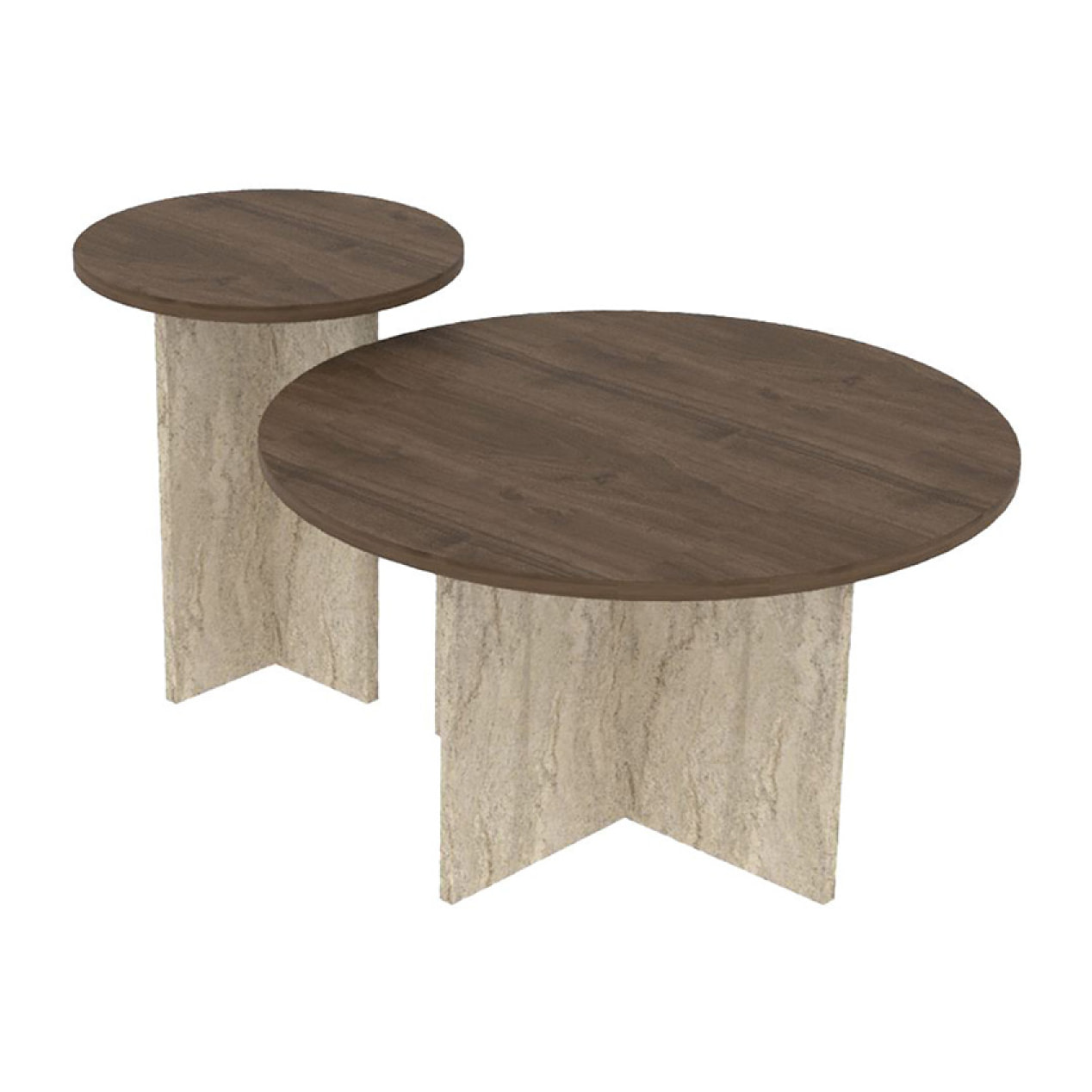 Ensemble de 2 tables basses rondes effet noyer et travertin BLISS