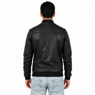 Giubbino in vera pelle di vitello foderato con trapunta invernale Nero-Slim Fit