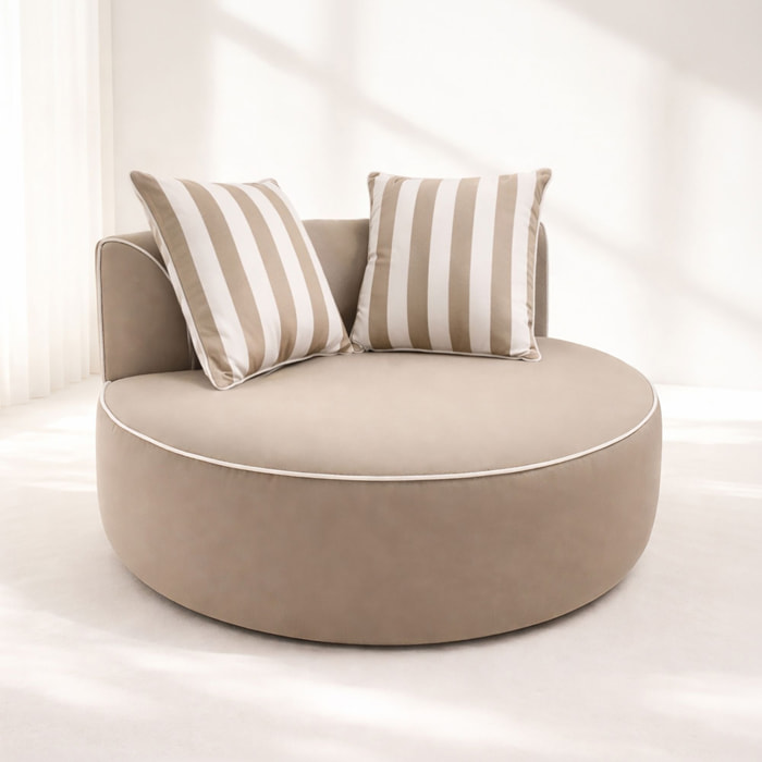 Fauteuil d'extérieur rond en tissu taupe et coussin à rayure NINO
