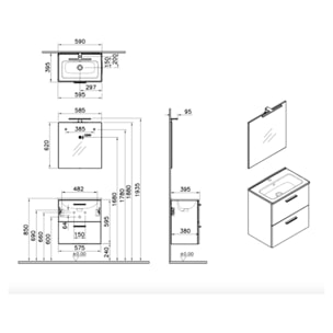 Mia ensemble avec meuble pré-assemblé 59x61x39,5 cm + miroir + lavabo + éclairage LED, blanc brillant (MIASET60B)