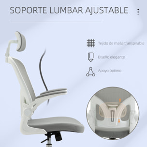 Vinsetto Silla de Oficina de Malla Ergonómica Silla Escritorio Giratoria con Altura Ajustable Reposabrazos Plegable Reposacabezas y Soporte Lumbar Regulables 65x64x114-122 cm Gris