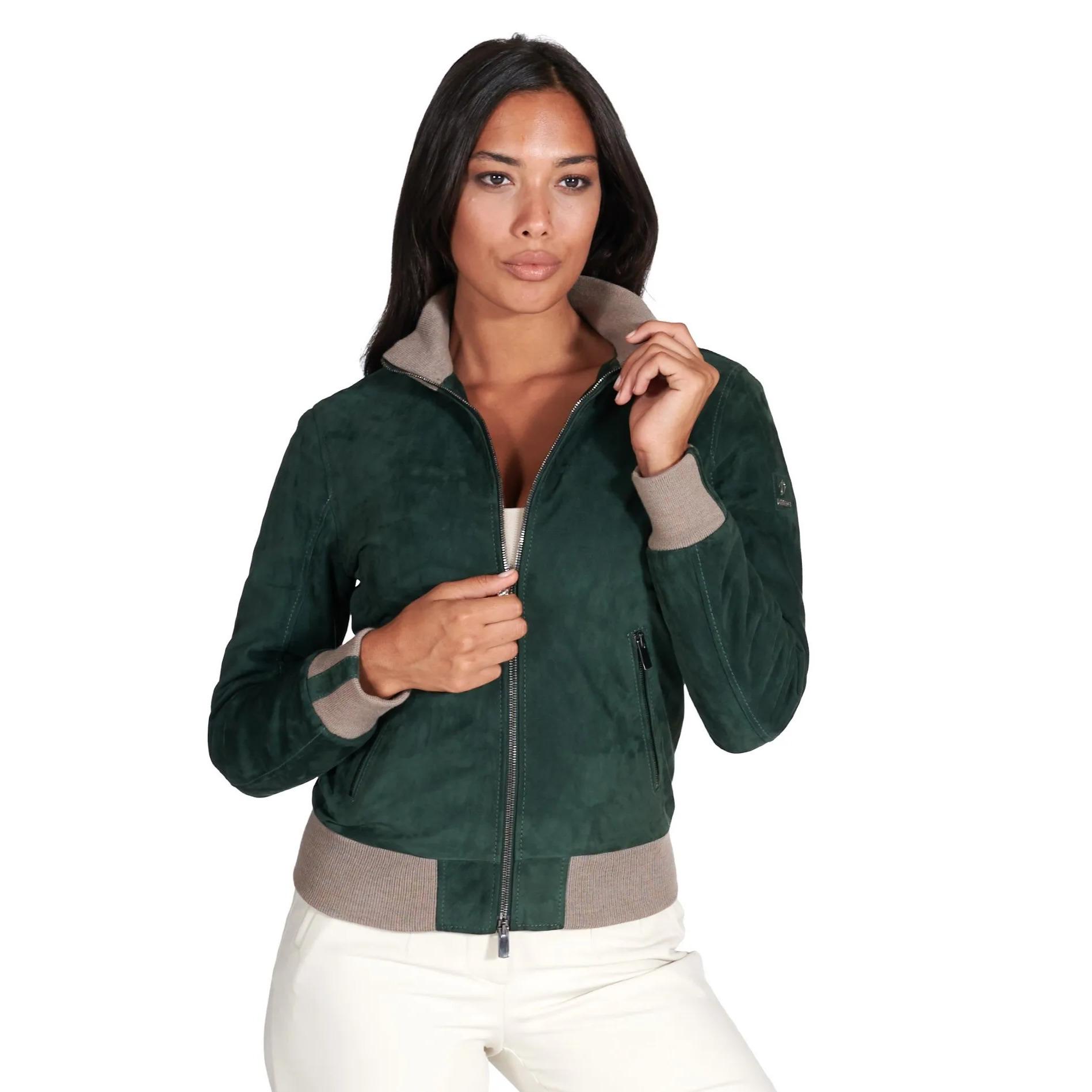 Bomber in pelle scamosciata verde collo in lana merino