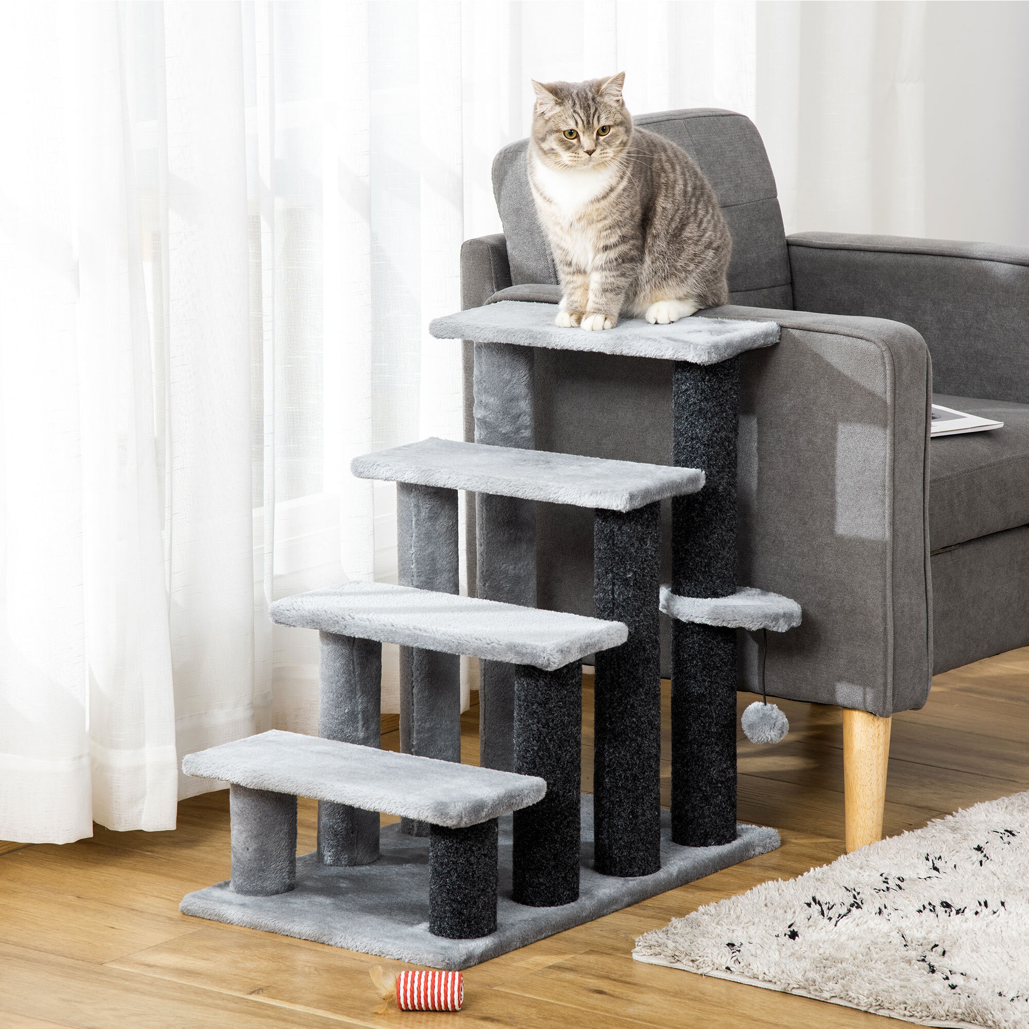 Escaleras para Gatos de 4 Escalones Escaleras para Mascotas Árbol Rascador para Gatos Pequeño con Poste Rascador Bola Colgante 60x40x64 cm Gris