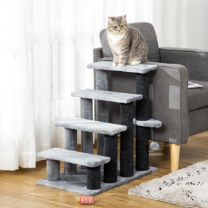 Escaleras para Gatos de 4 Escalones Escaleras para Mascotas Árbol Rascador para Gatos Pequeño con Poste Rascador Bola Colgante 60x40x64 cm Gris