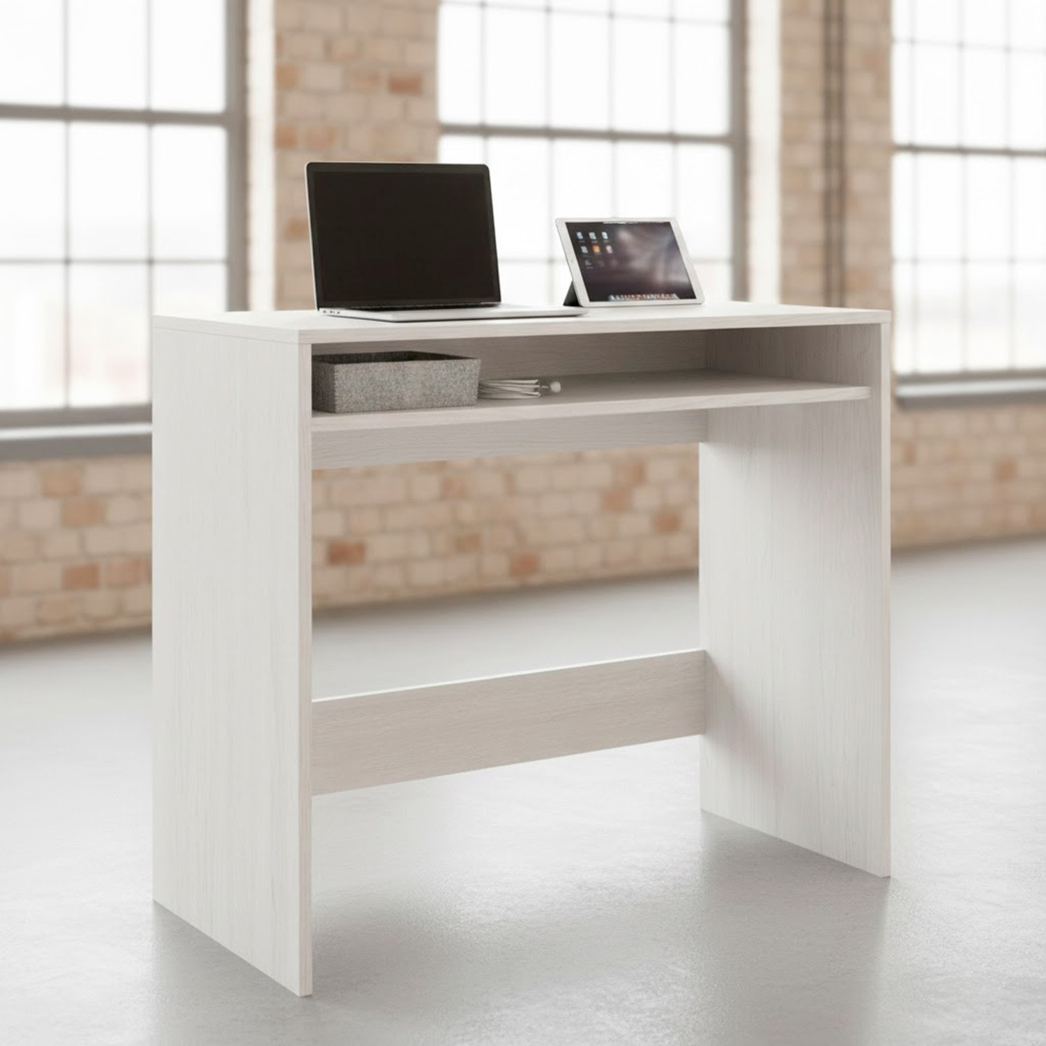 Scrivania Da Studio Compatto Tavolo Con Vano Portaoggetti Design Moderno Per Home Office Cameretta Smart Working 79 x 43 x 78 Cm Bianco Frassino