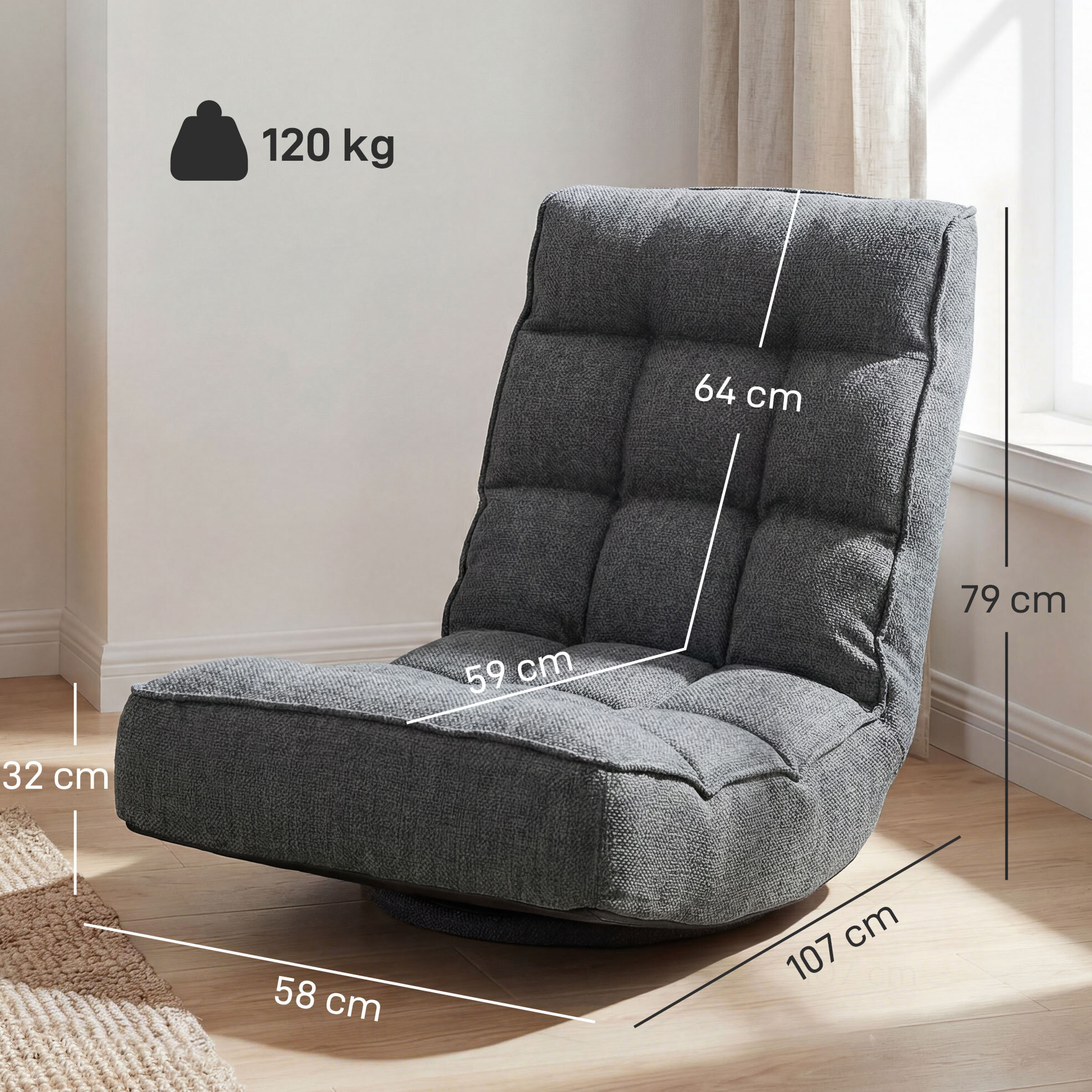 Silla de Suelo Plegable, Silla de Lectura Giratoria 360° con Respaldo Ajustable en 5 Posiciones, Sofá de Suelo de Lino y Acolchado, para Meditación y Gaming, 58x107x79 cm, Gris